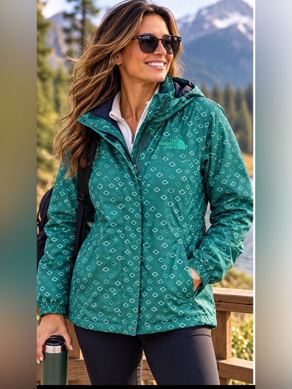 The North Face Women’s XL Green Geometric Print Hooded Rain Jacket DryVent